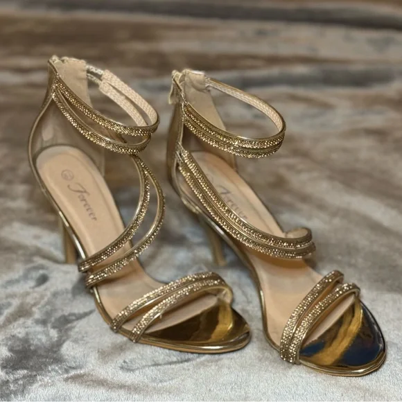 EUC Forever Link Gold Stiletto 4in Heels with Ankle Strap - Picture 3 of 6